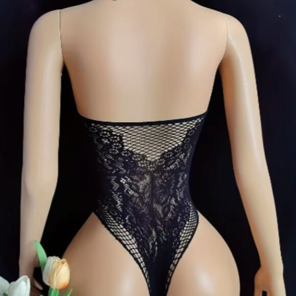 Black Lace Fishnet Teddy Bodysuit - Picture 3 of 6